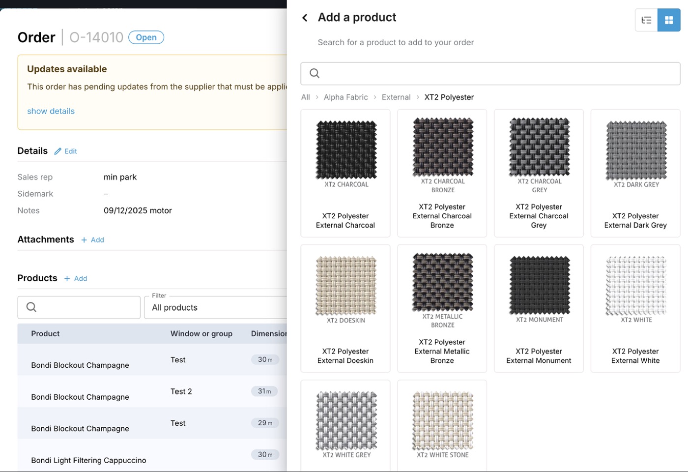 The real Quoterite app: a made-to-measure order with product lines and dimensions, and a fabric picker showing swatches from an external polyester range